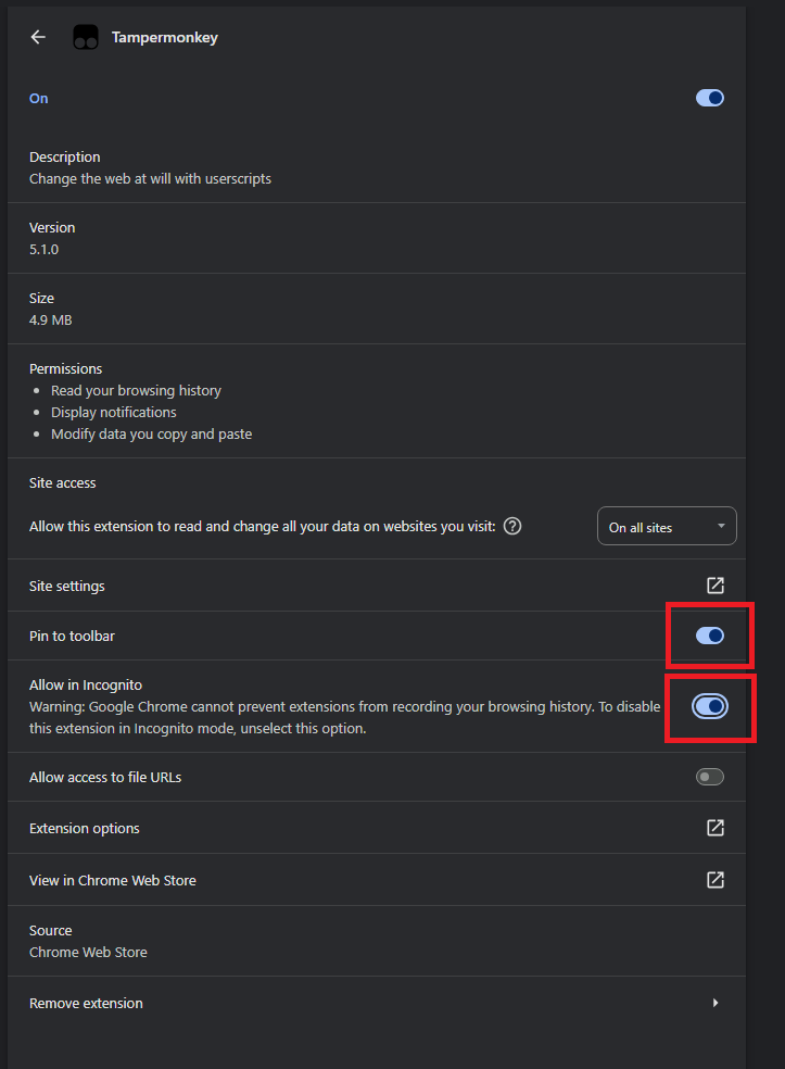 Allow in incognito/private mode